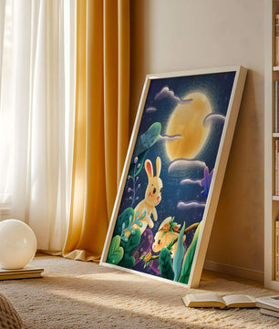 Charming illustration of rabbits under a full moon in a vibrant night garden