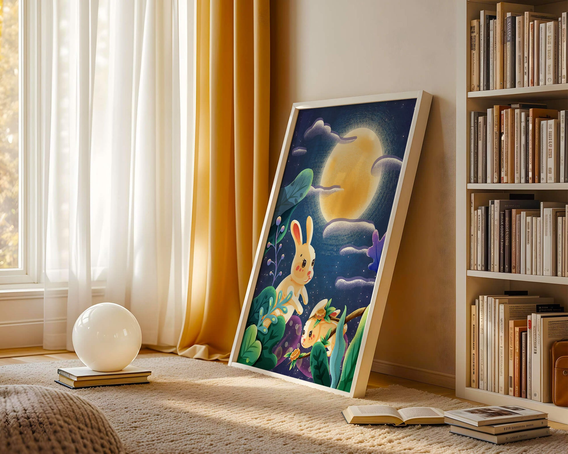 Charming illustration of rabbits under a full moon in a vibrant night garden