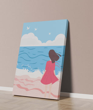 Serene seaside illustration with a girl in a pink dress gazing at the ocean