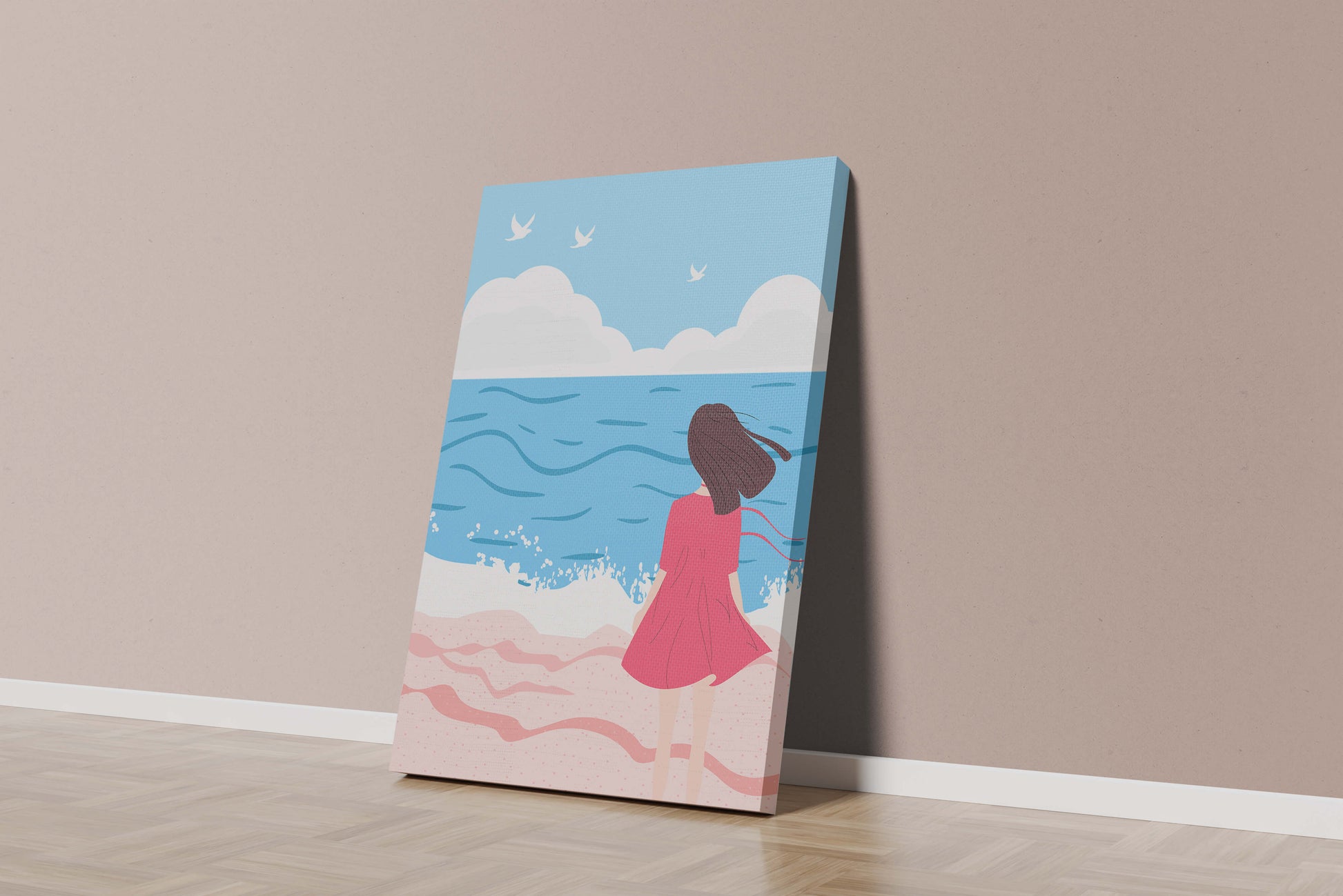 Serene seaside illustration with a girl in a pink dress gazing at the ocean
