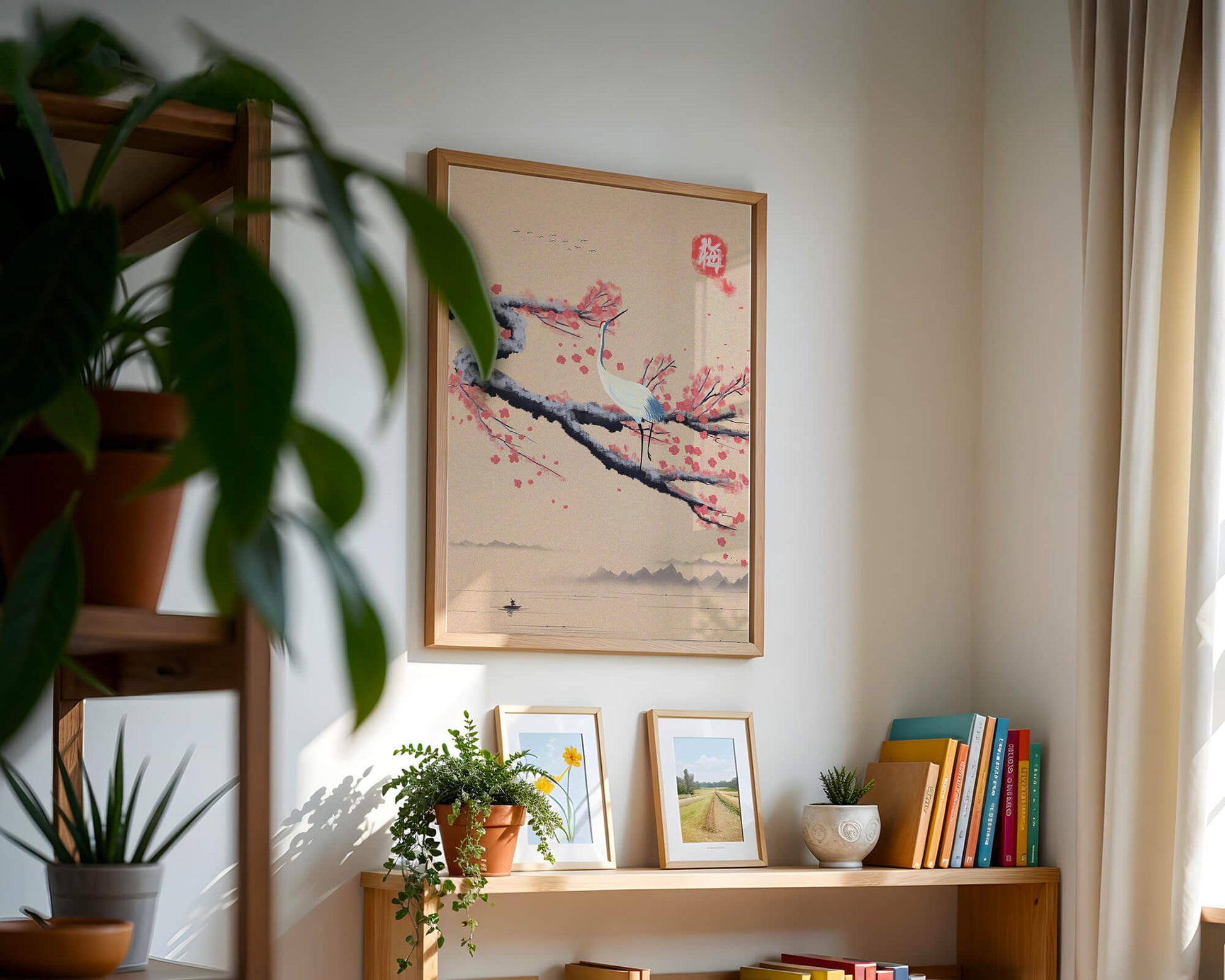 Elegant crane on cherry blossom branch with serene landscape