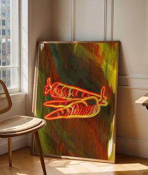Abstract art featuring neon carrots on a colorful background