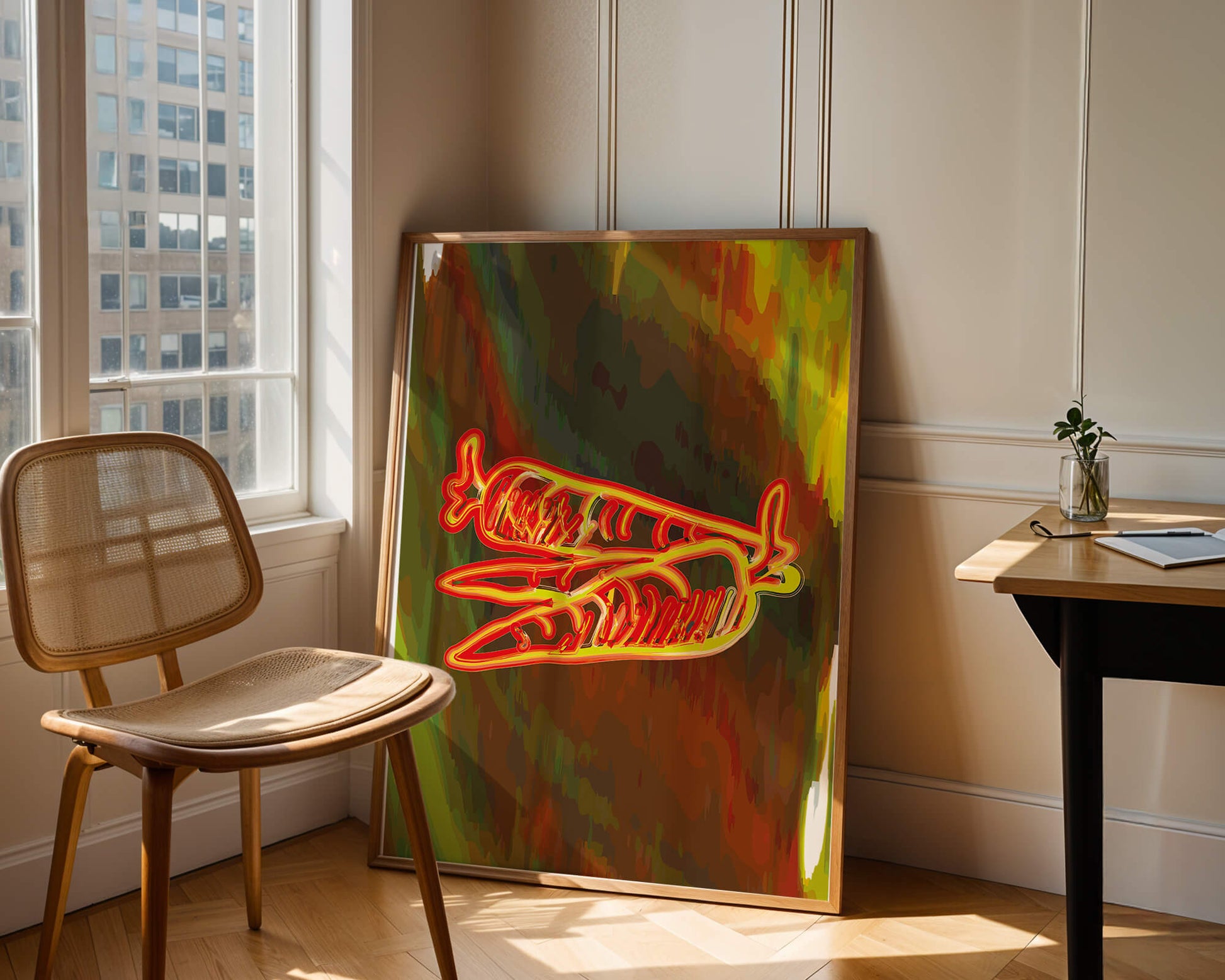 Abstract art featuring neon carrots on a colorful background