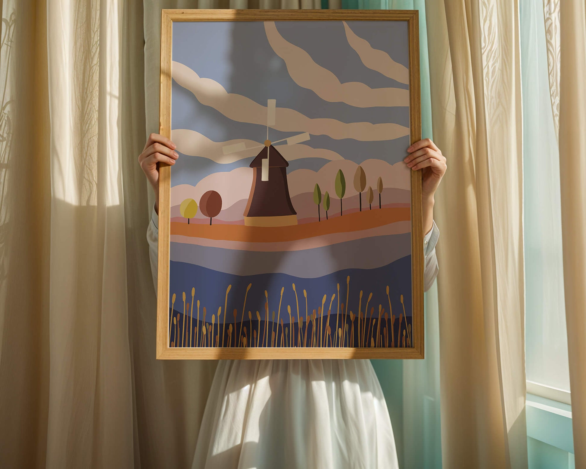 Colorful Landscape Featuring Windmill and Abstract Trees