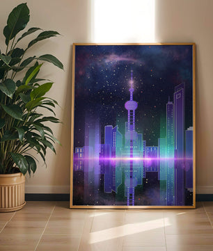 Futuristische Skyline mit leuchtenden Türmen unter sternenklarer Nacht