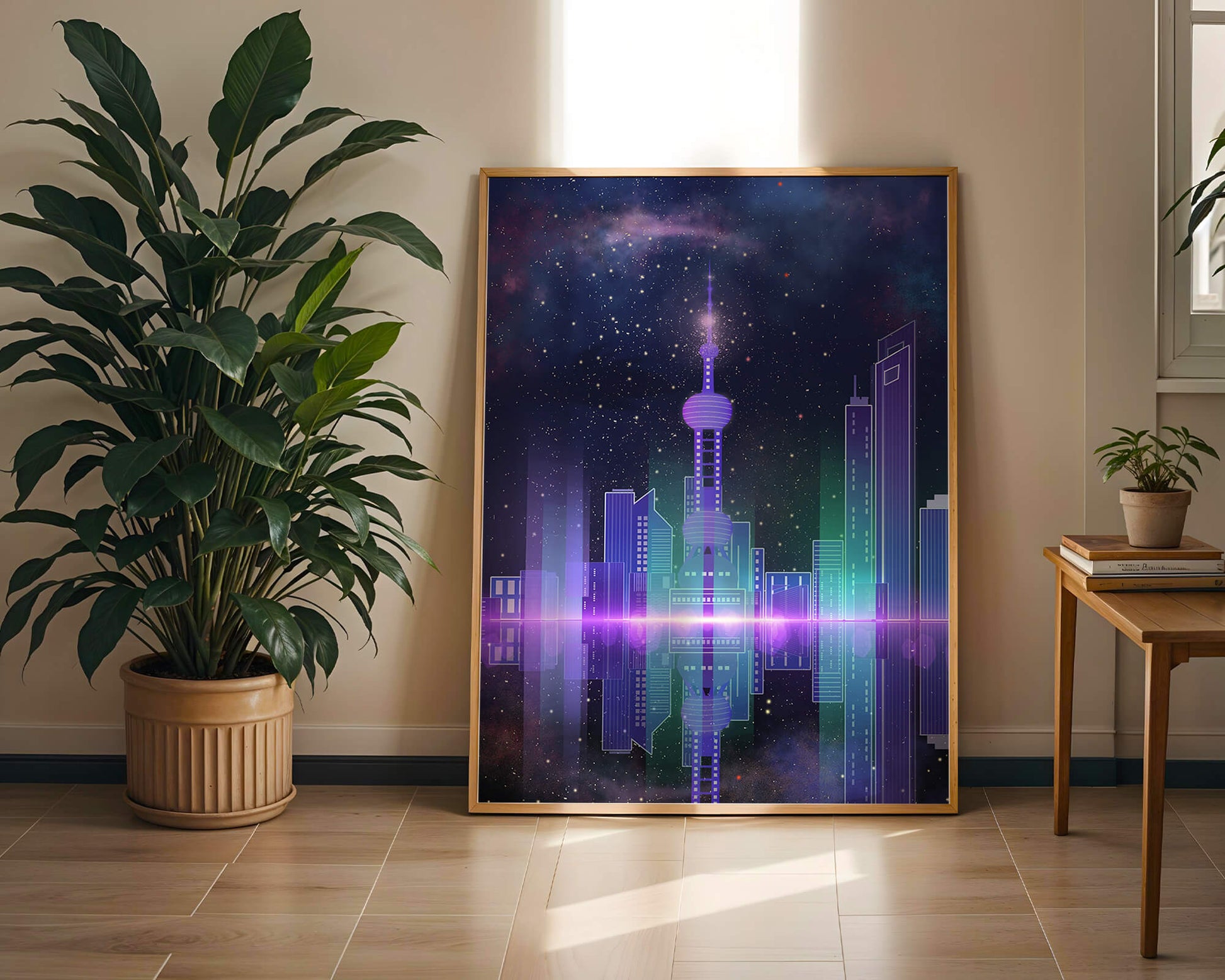 Futuristische Skyline mit leuchtenden Türmen unter sternenklarer Nacht