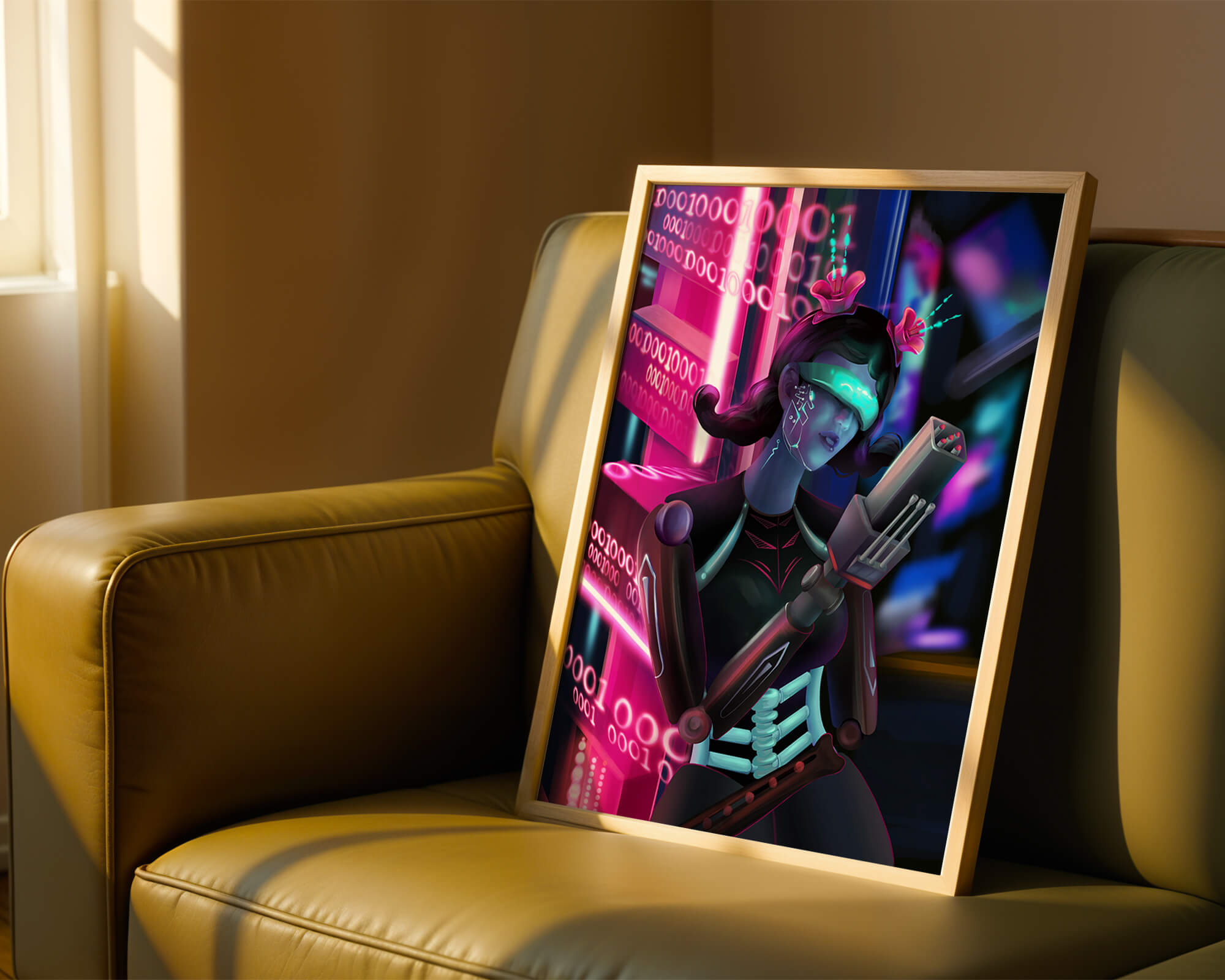 Futuristic Cyborg Woman in Digital Neon Landscape - Mi tienda