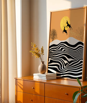 Abstract landscape with jumping deer and golden sun