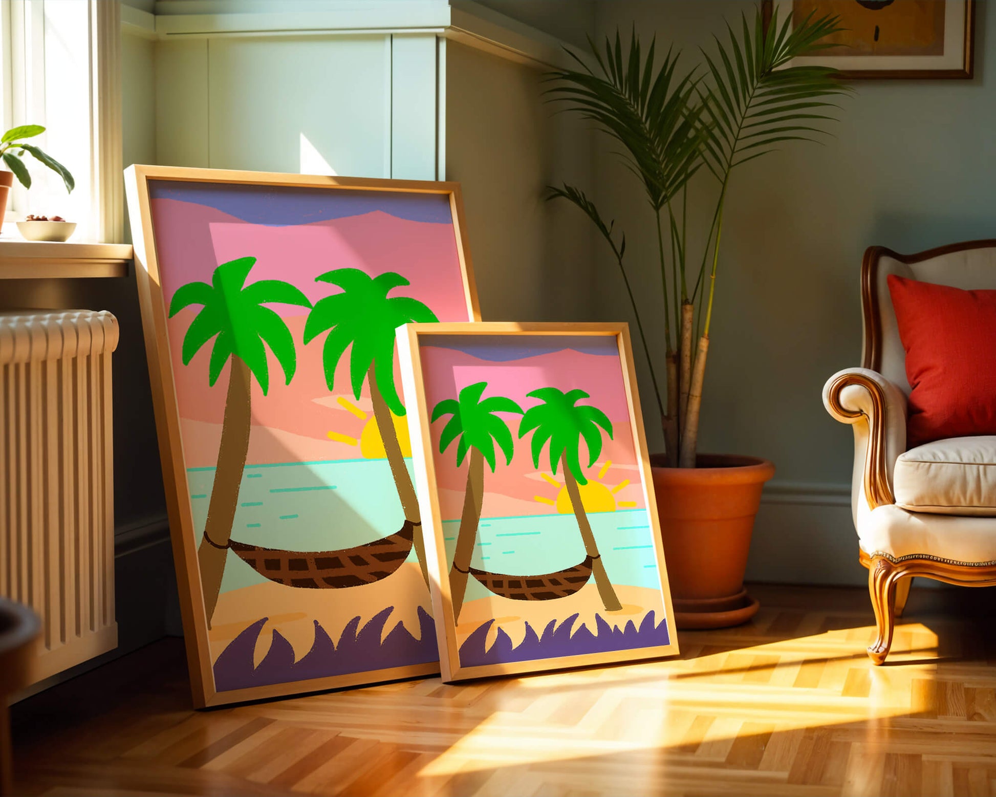 Tranquil beach scene with hammock and sunset