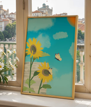 Sunflowers And Butterflies Under A Bright Blue Sky