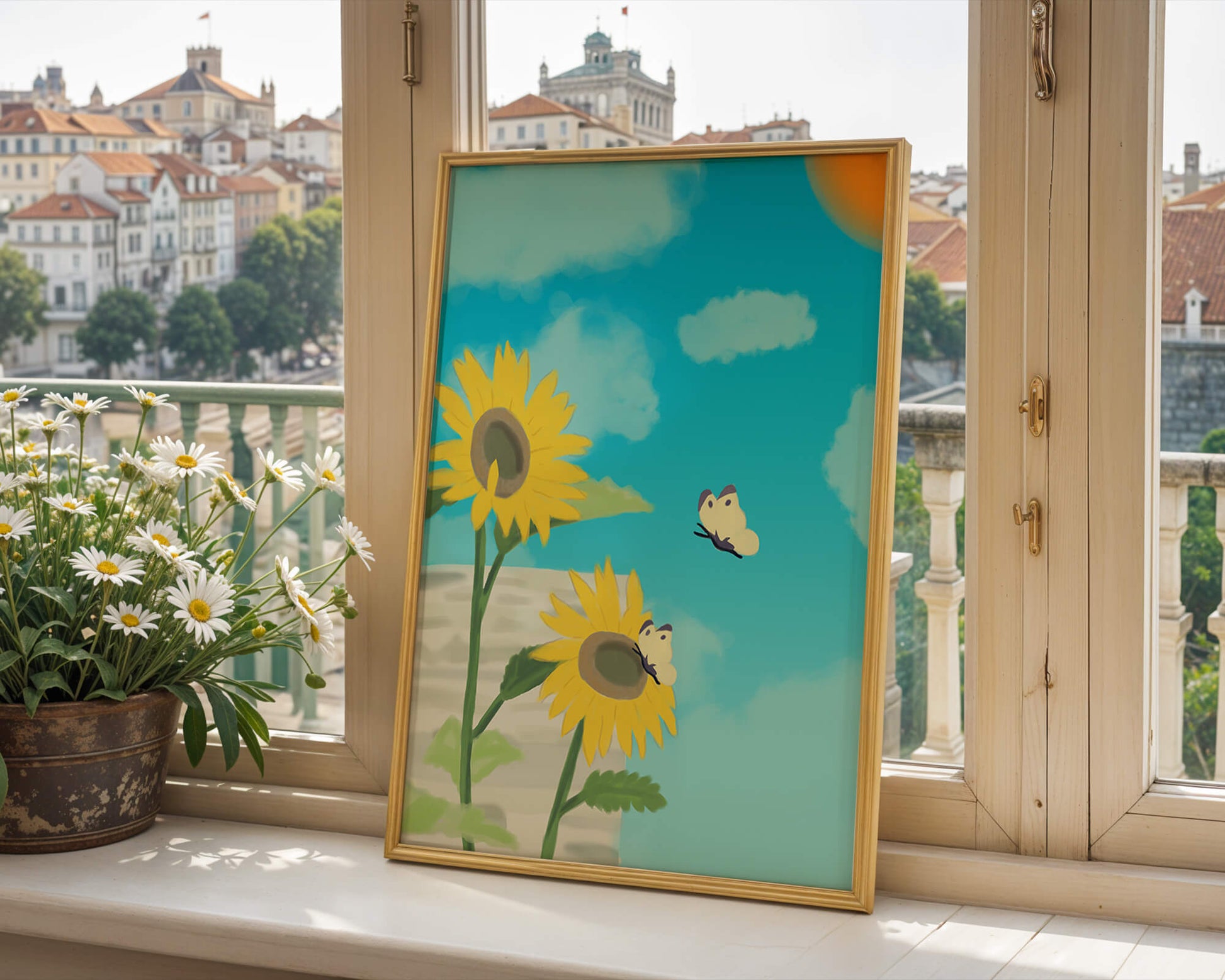 Sunflowers And Butterflies Under A Bright Blue Sky