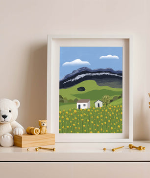 Sunny Landscape with Green Fields and Mountains