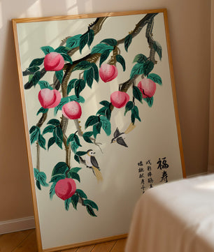Delicate illustration of peach tree with birds and calligraphy