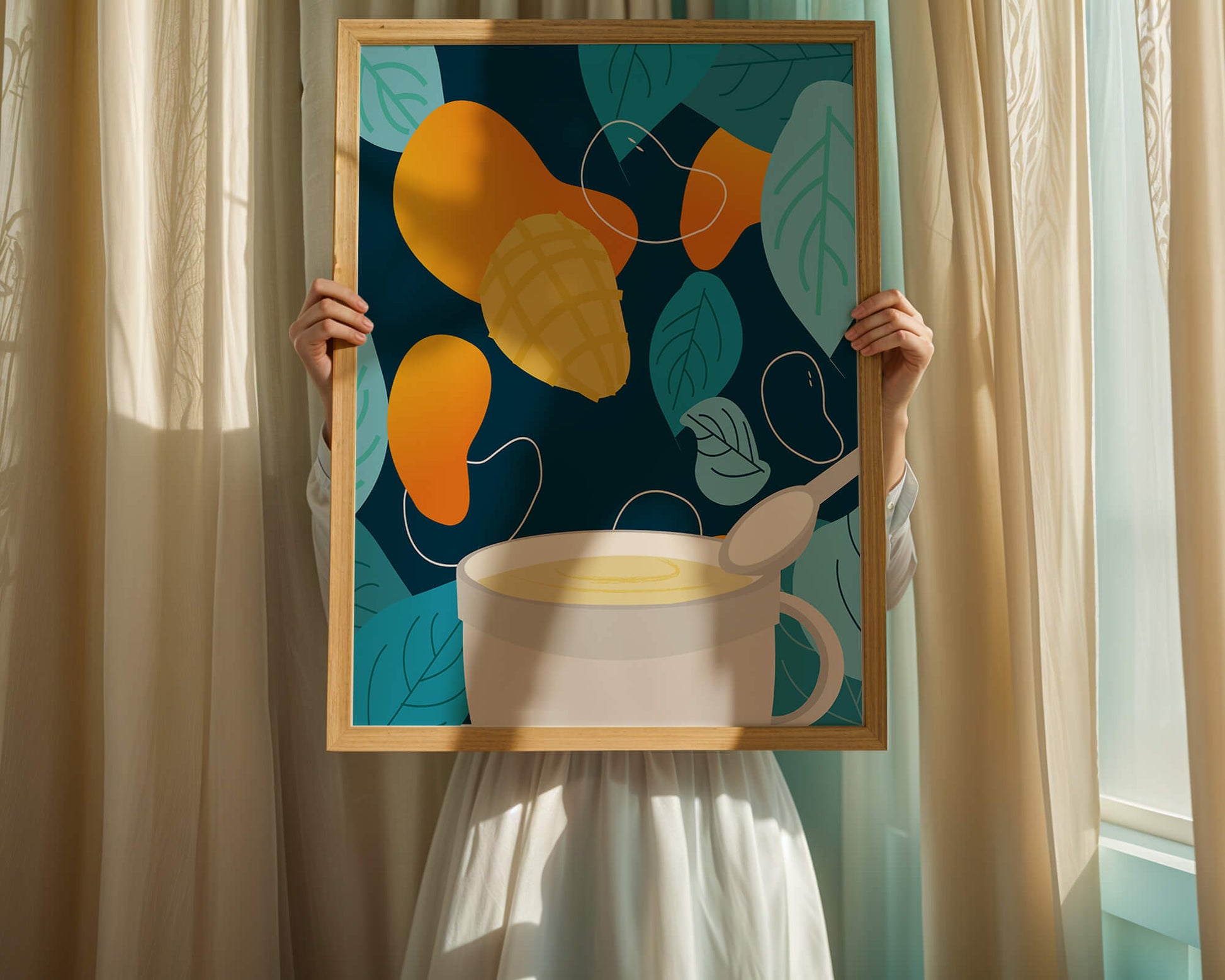 Ilustración colorida de mangos y hojas con una bebida cremosa
