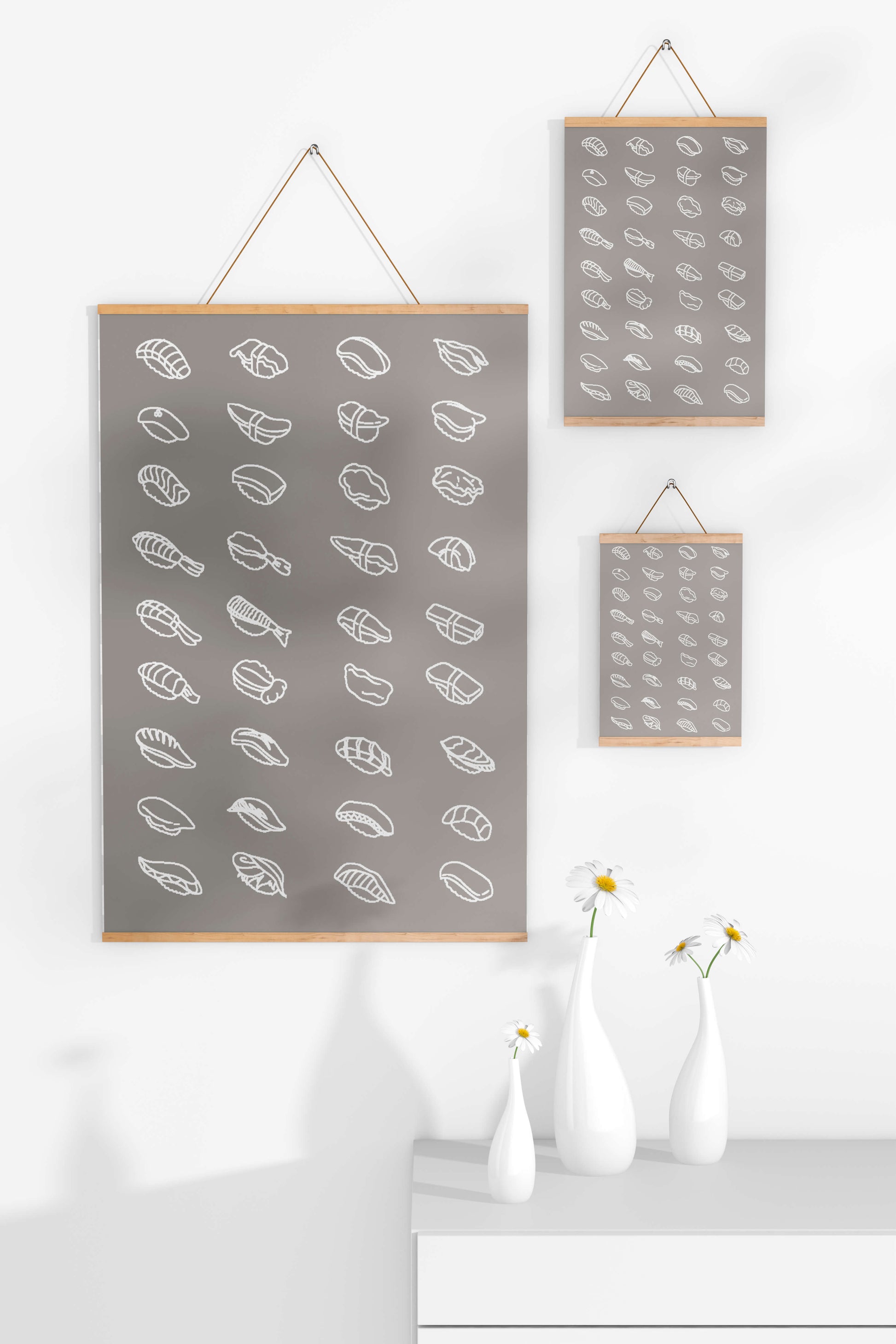 Minimalist sushi sketch illustration with various sushi types