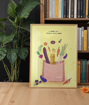 Ilustración de vegetales frescos y leche en una bolsa de comestibles