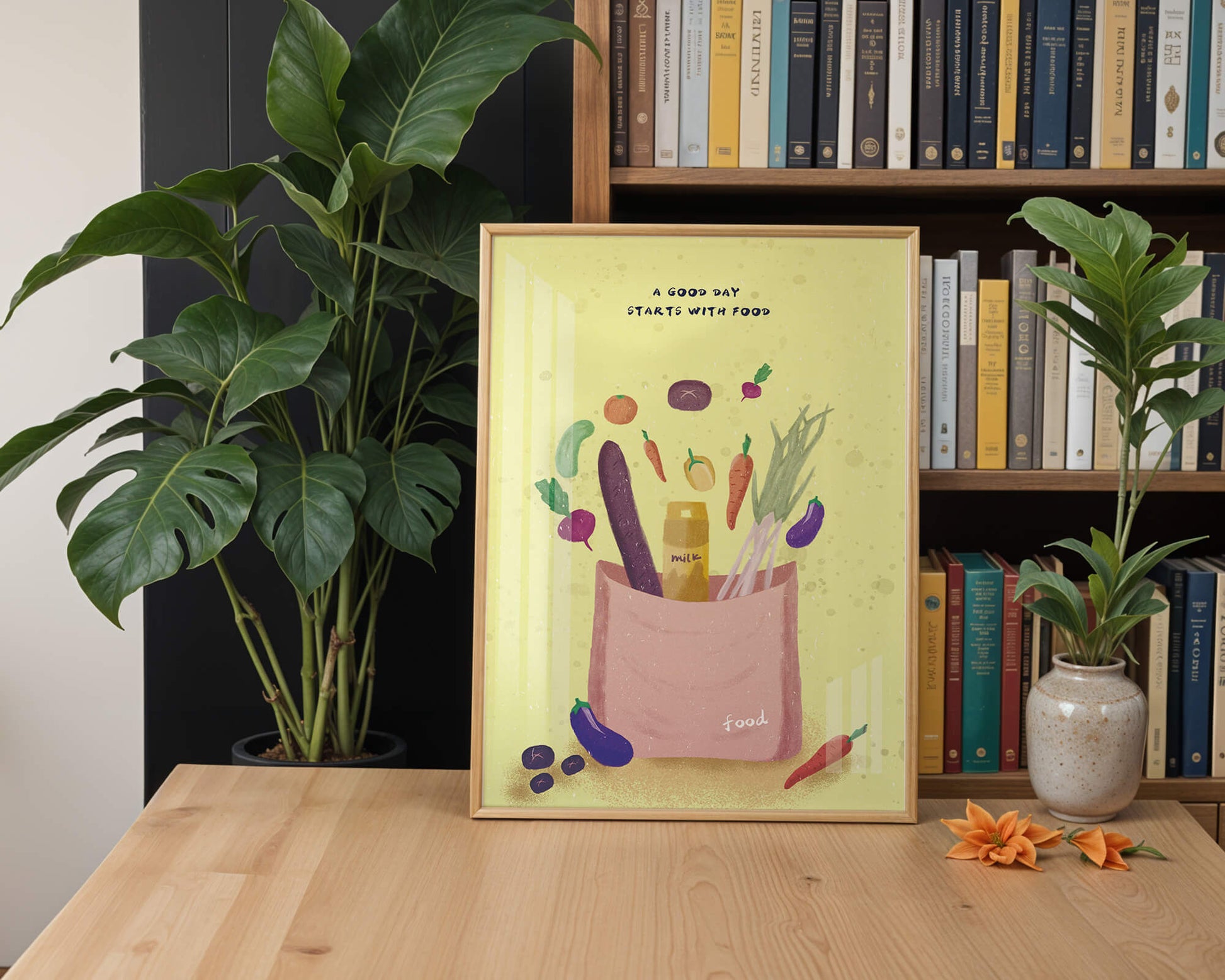 Ilustración de vegetales frescos y leche en una bolsa de comestibles