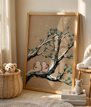Illustration of birds on snow-covered branches in a winter landscape