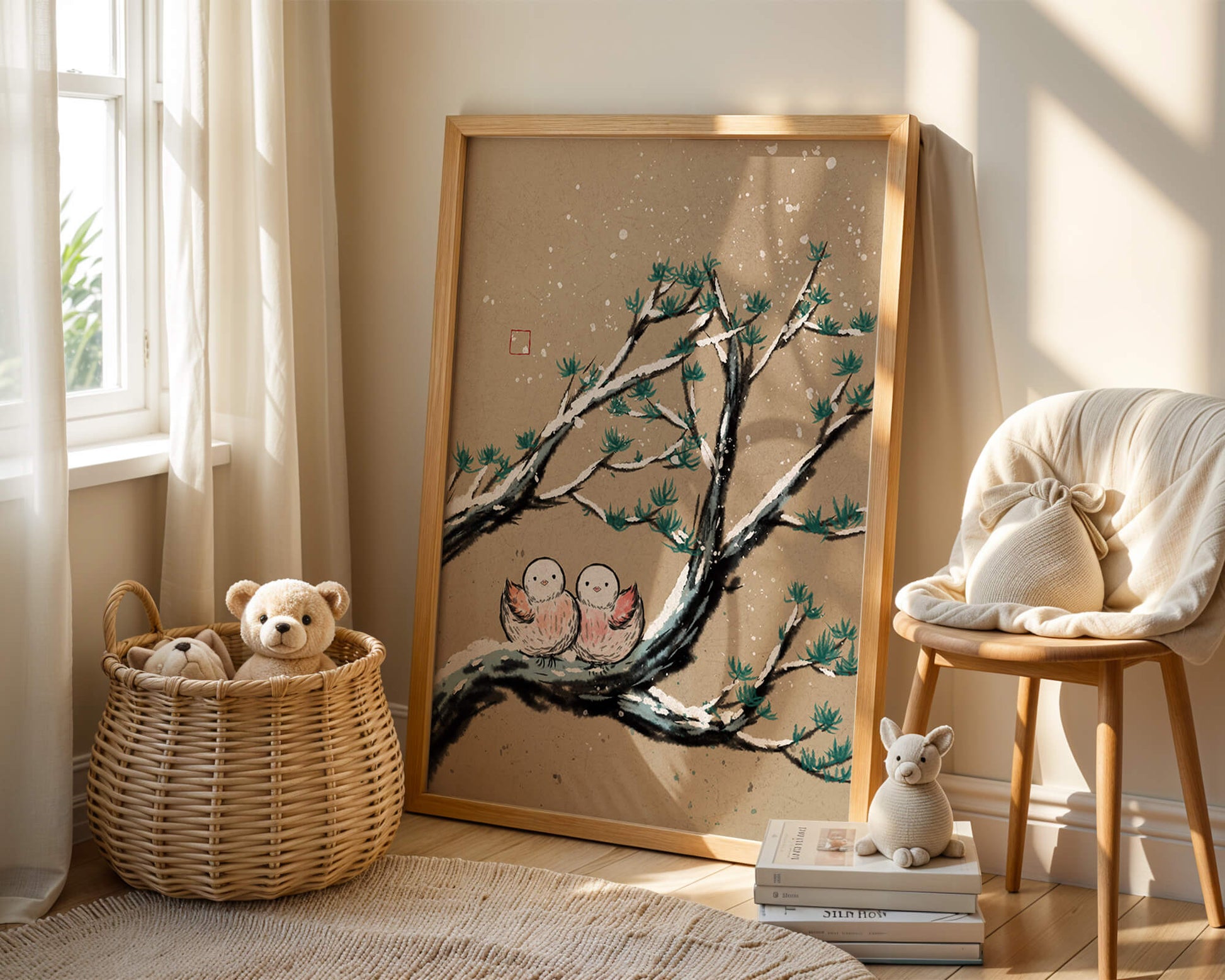 Illustration of birds on snow-covered branches in a winter landscape