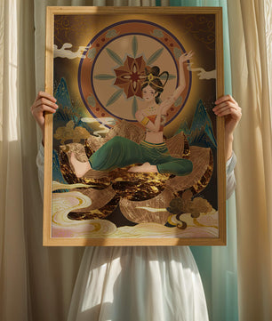 Elegant illustration of a serene woman in traditional clothing with a golden backdrop