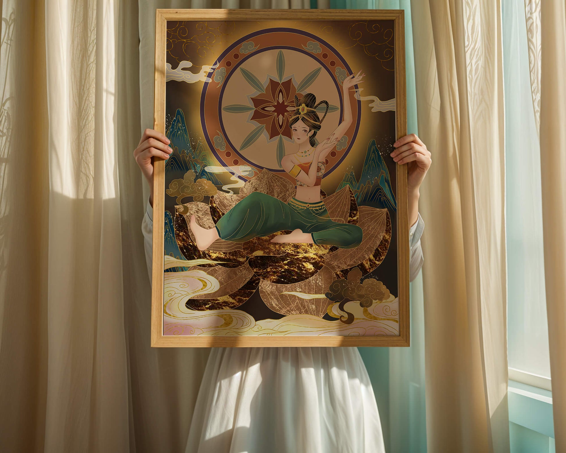 Elegant illustration of a serene woman in traditional clothing with a golden backdrop