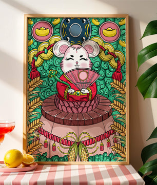 Ratón decorativo encantador con elementos asiáticos y monedas sobre un fondo vibrante