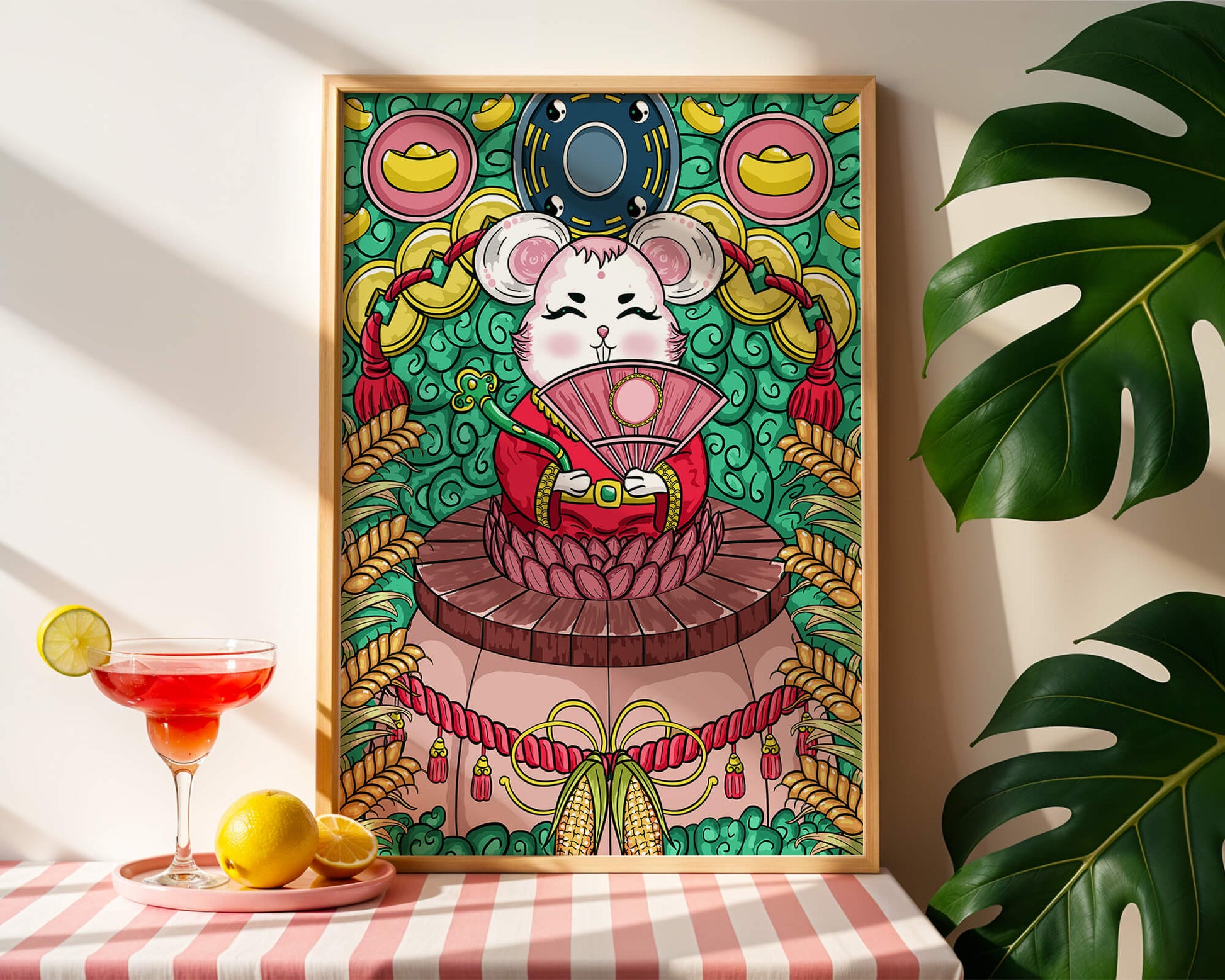 Encantador ratón decorativo con elementos asiáticos y monedas sobre un fondo vibrante.