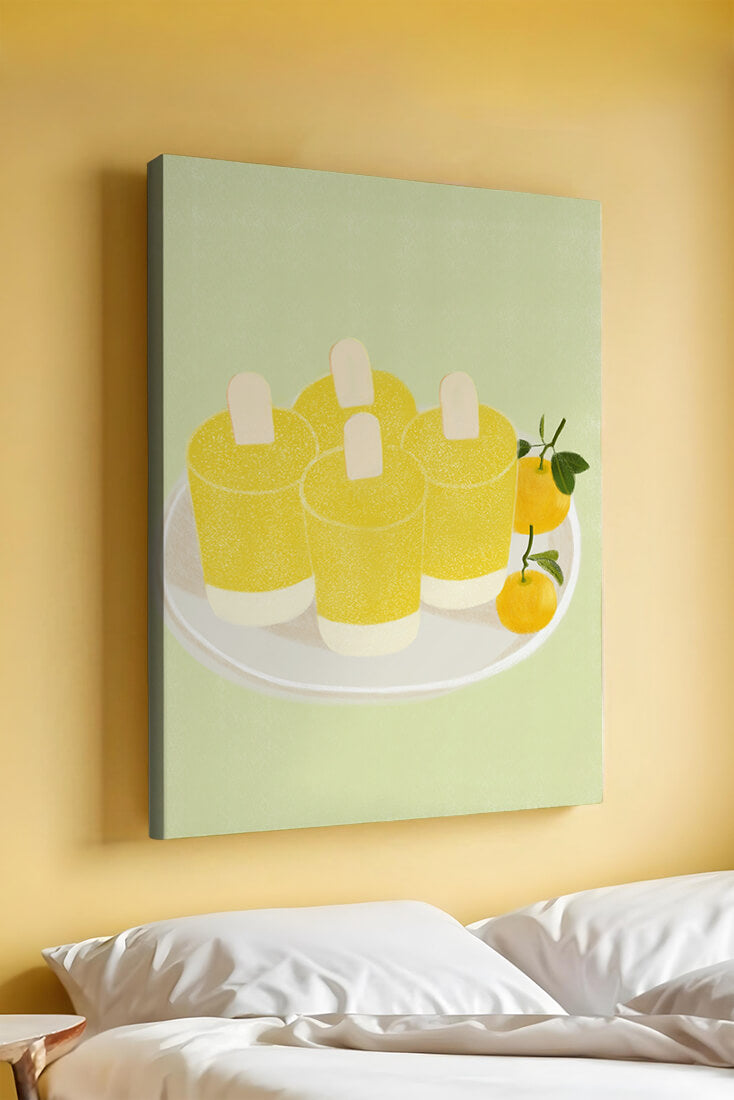 Illustration of yellow popsicles and oranges on a plate