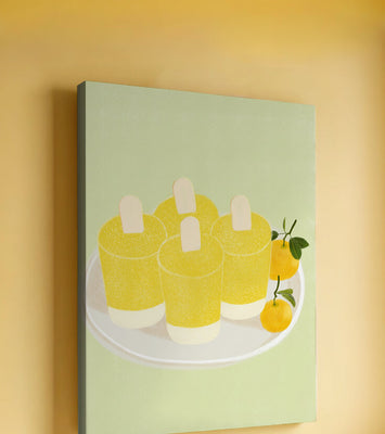 Illustration of yellow popsicles and oranges on a plate