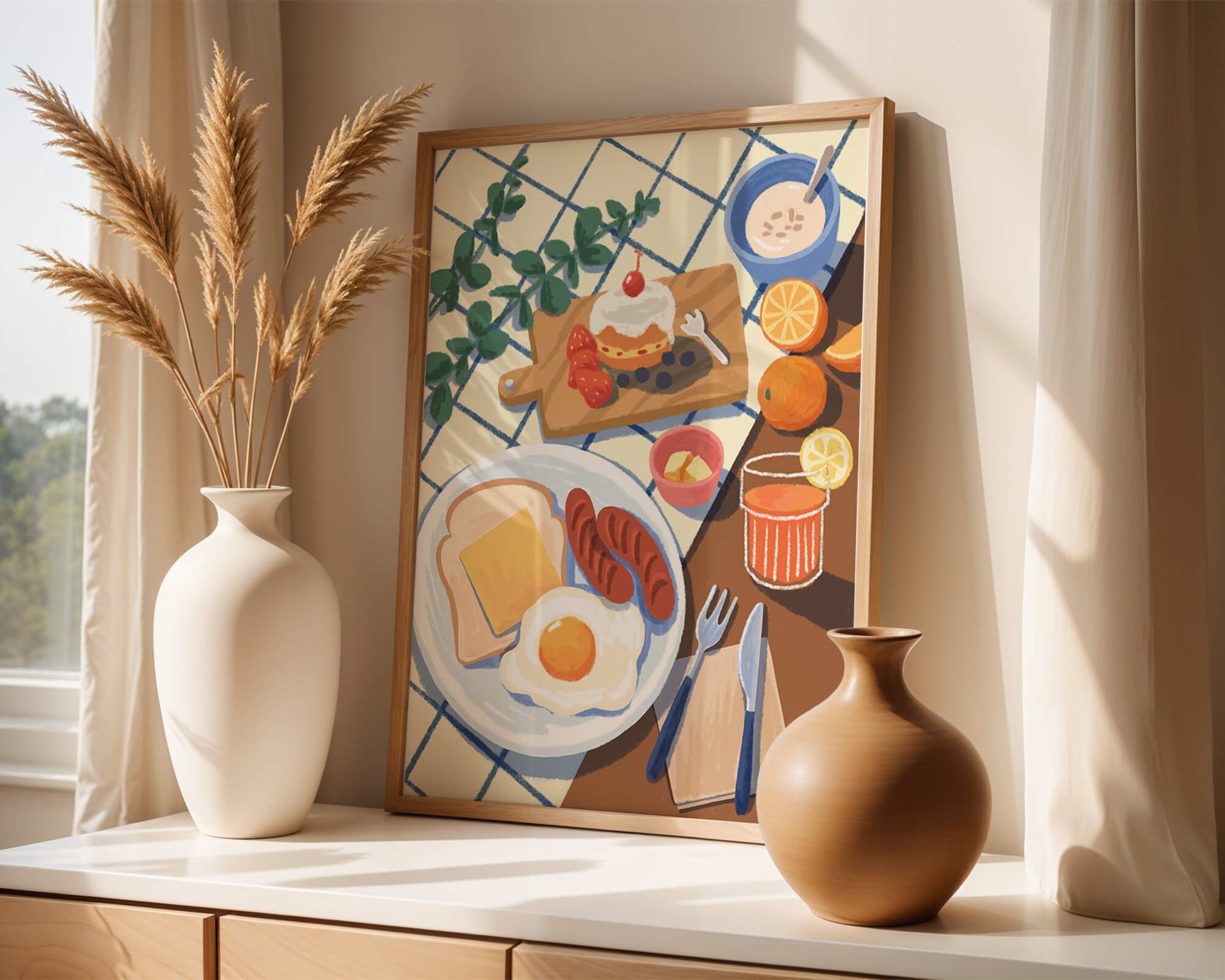 Escena de desayuno colorida con comida y bebida