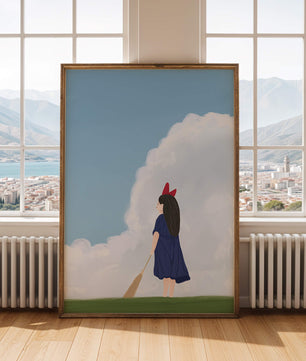 Junges Mädchen steht auf Gras mit Besen unter blauem Himmel