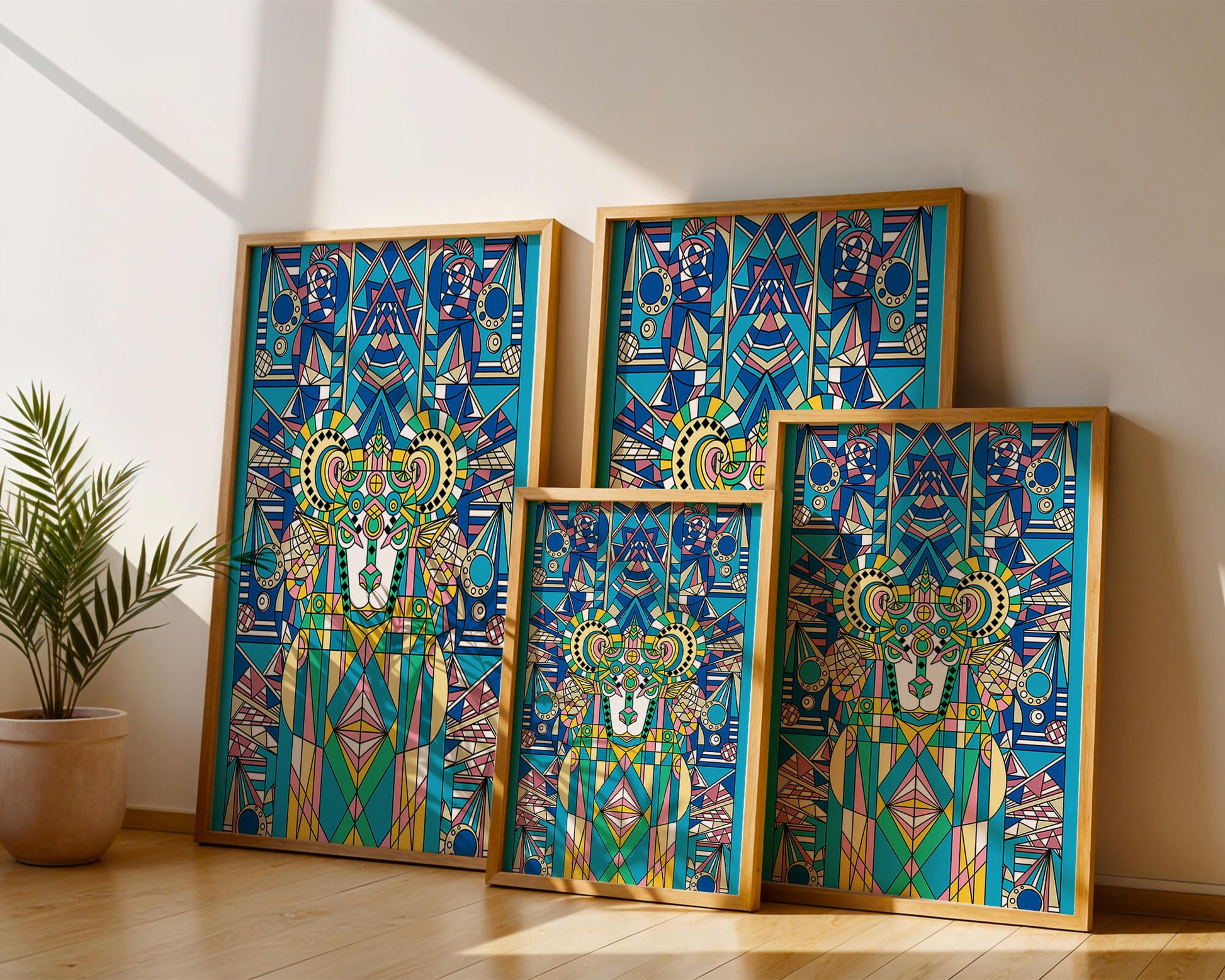 Diseño geométrico colorido de carnero con patrones simétricos