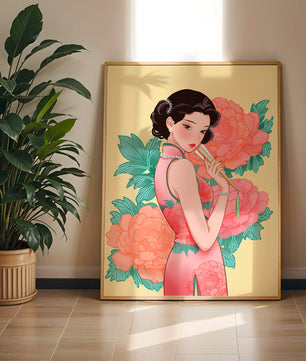 Elegant woman in traditional dress with floral background