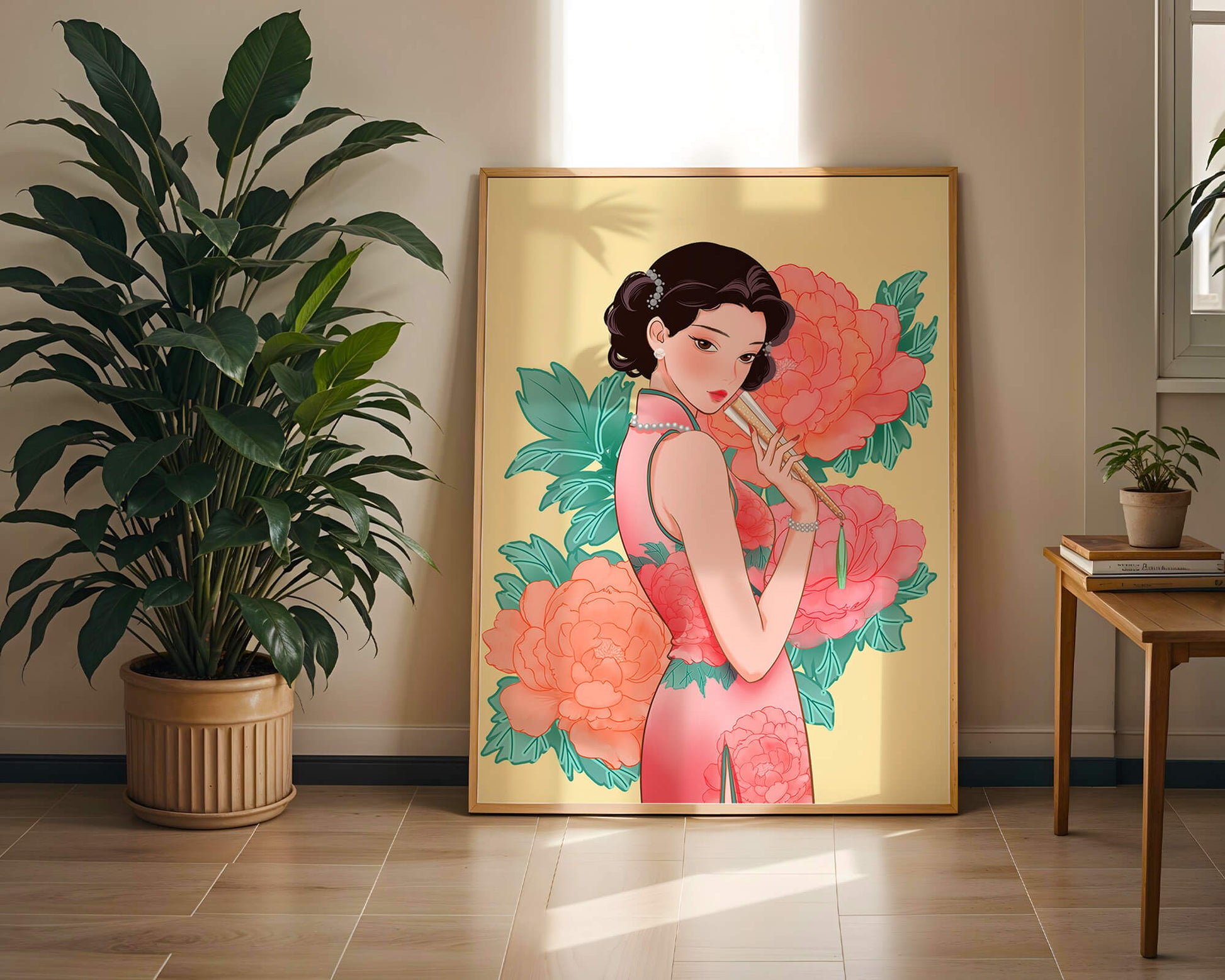 Elegant woman in traditional dress with floral background