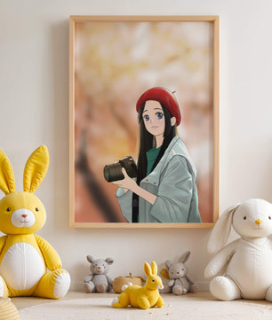Chica de anime con boina roja sosteniendo una cámara durante el otoño