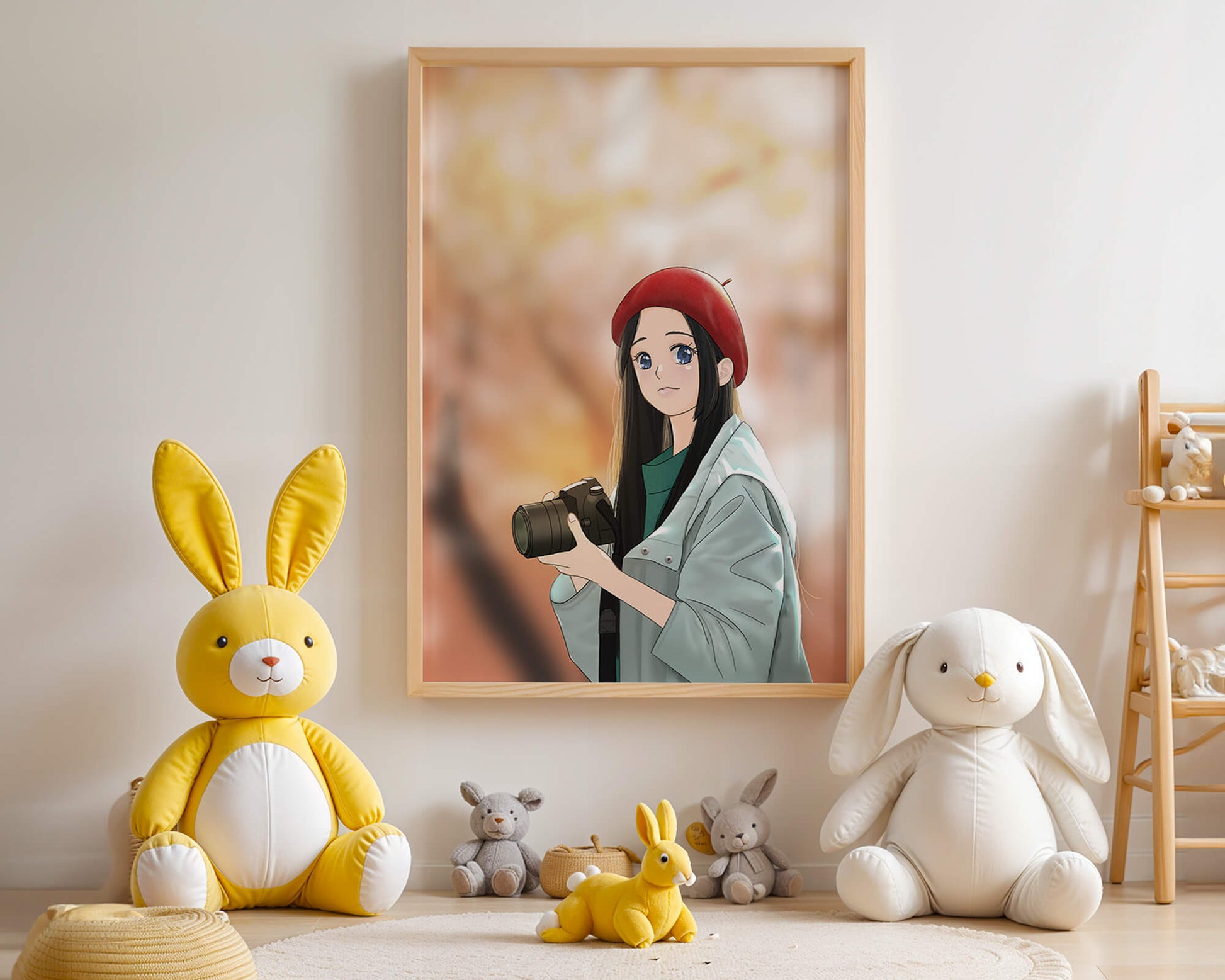 Anime girl in red beret holding camera during autumn