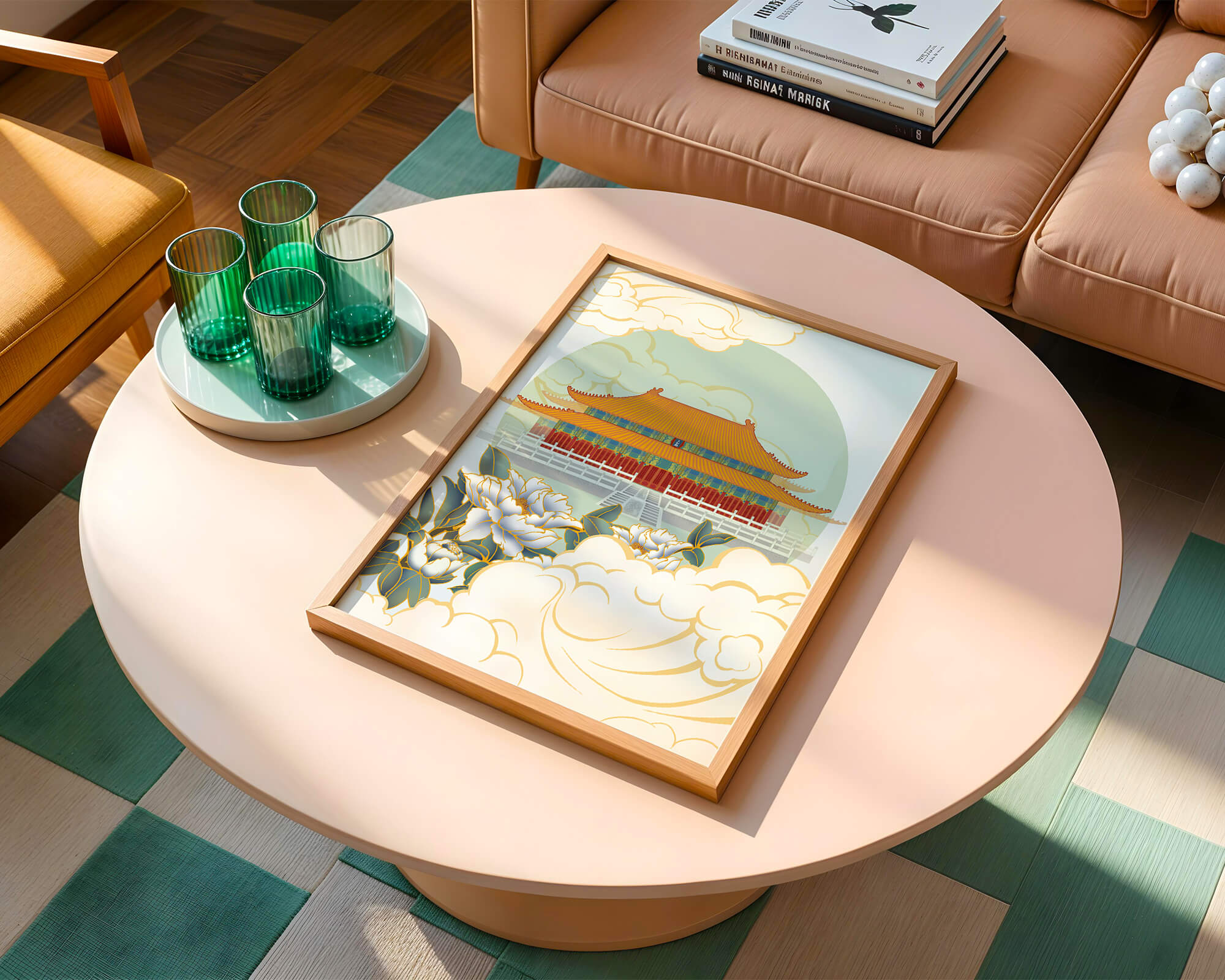 Traditional Asian palace illustration with floral and cloud motifs