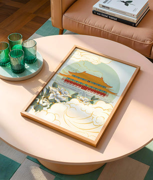 Traditional Asian palace illustration with floral and cloud motifs