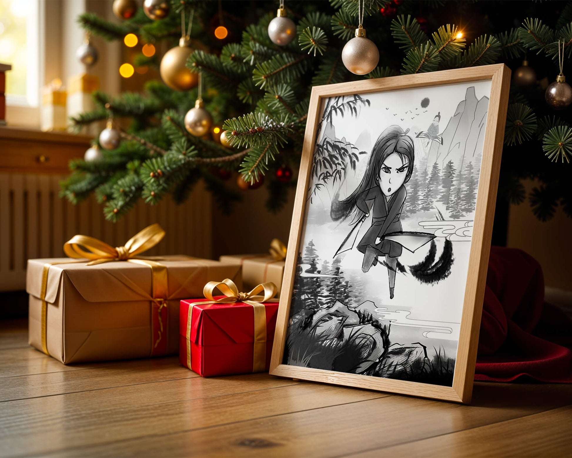 Warrior In A Mystical Landscape With Mountains And Rivers