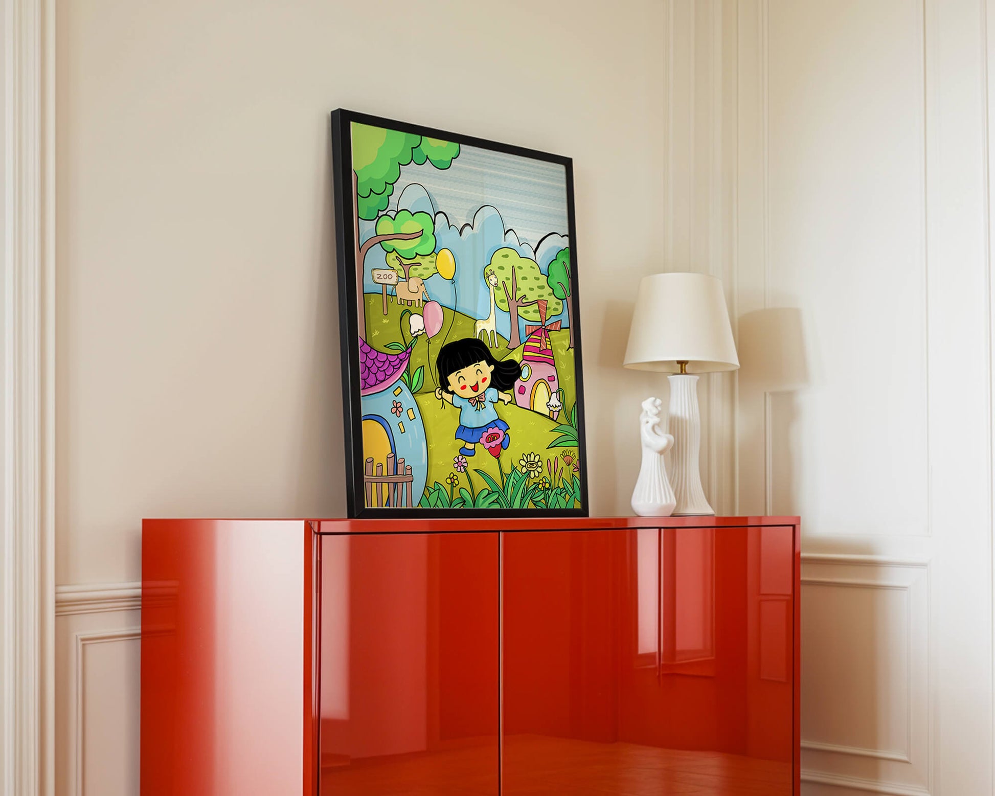 Colorful children's illustration of a joyful zoo visit with animals