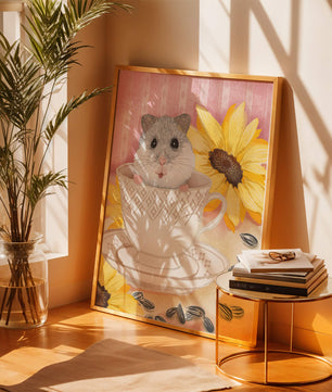 Hámster adorable en una taza de té con girasoles y semillas