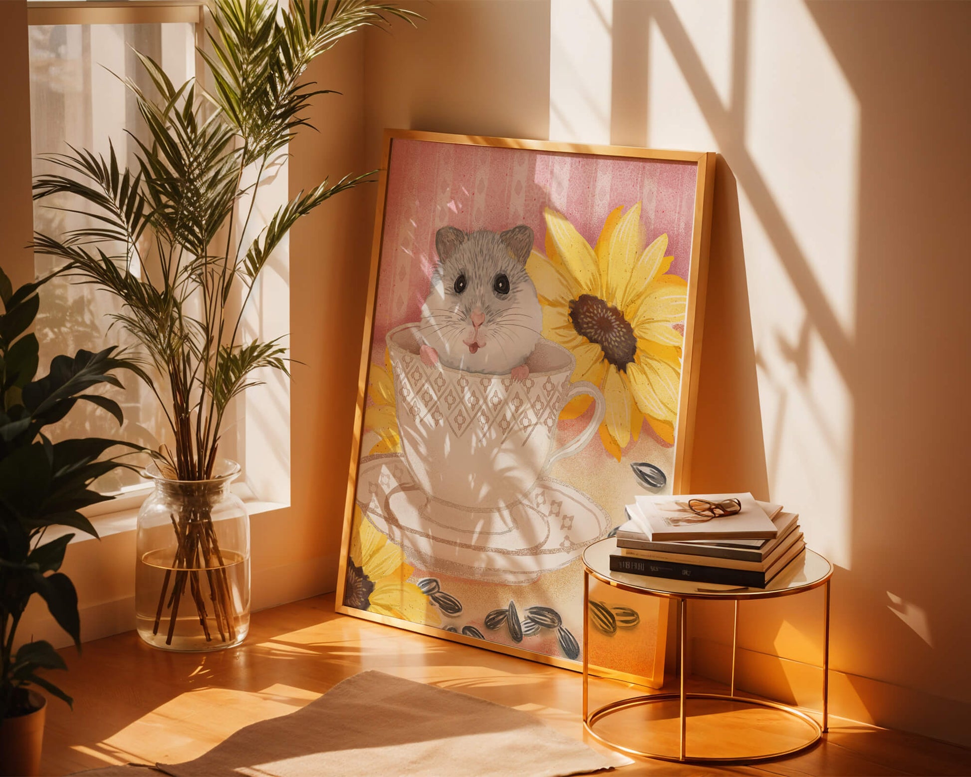 Adorable hamster in teacup with sunflowers and seeds