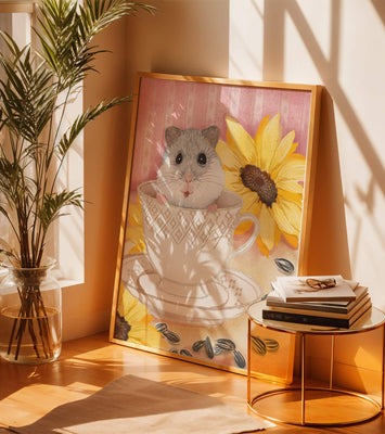 Adorable hamster in teacup with sunflowers and seeds