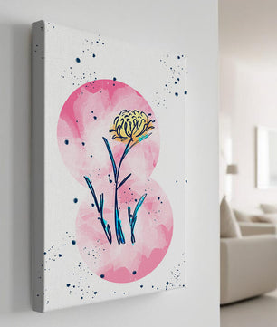 Abstract Floral Design with Pink Circles and Yellow Flower on White Background