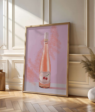 Illustrated wine bottle with a cherry label on pink background