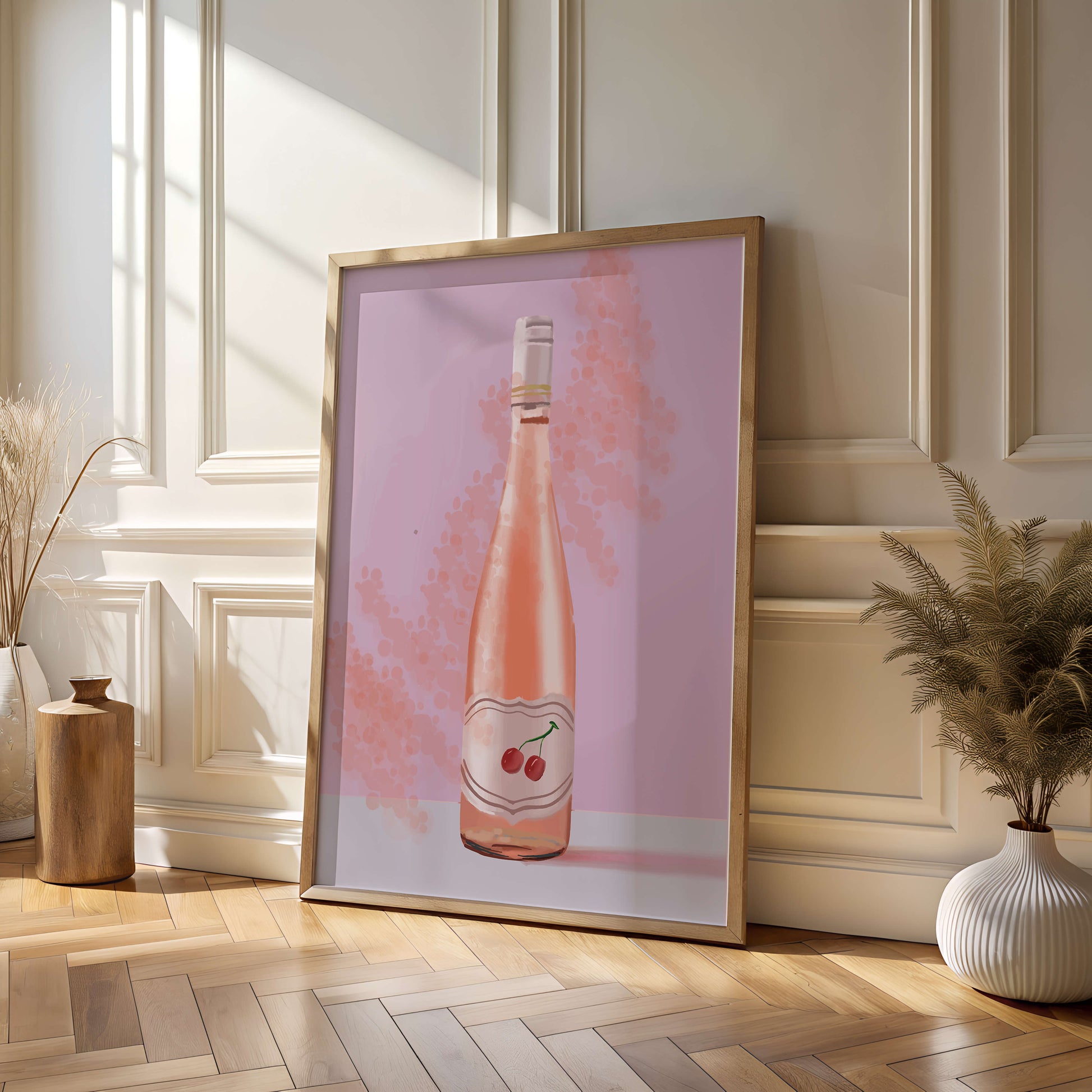 Illustrated wine bottle with a cherry label on pink background
