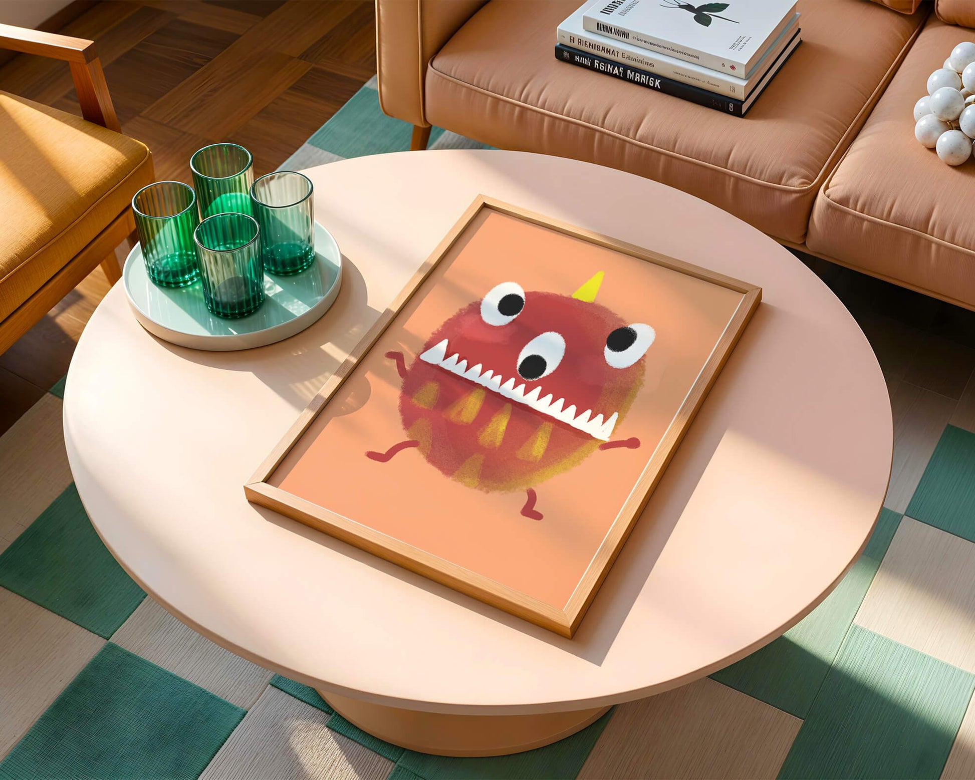 Monstruo colorido con rasgos geométricos y expresión lúdica.