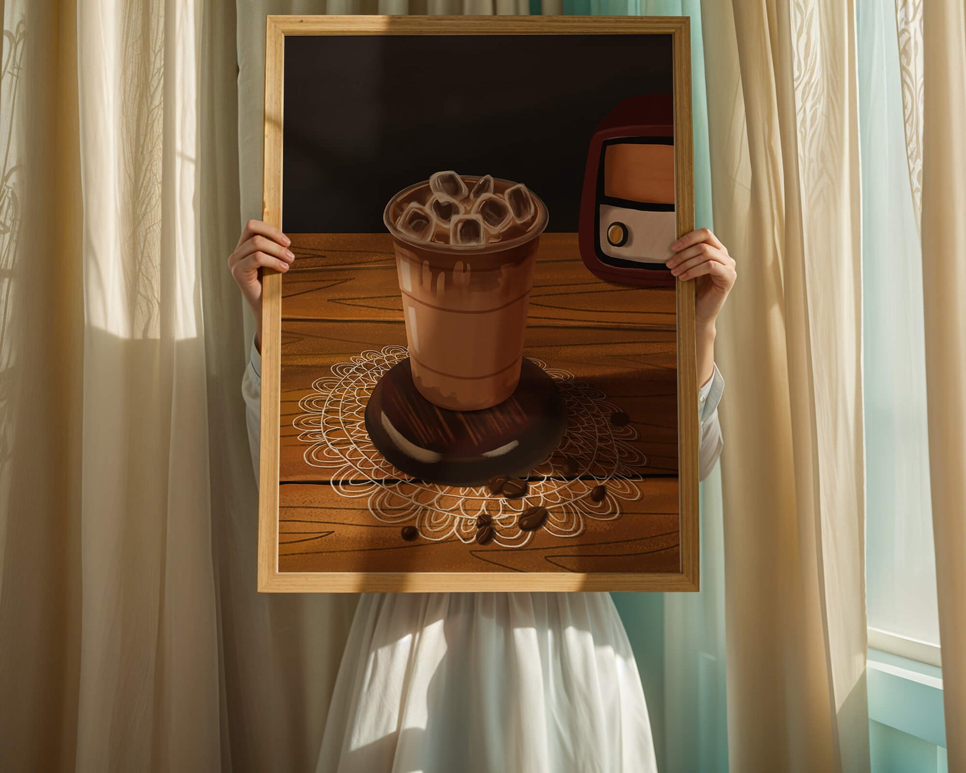 Escena de café vintage con café helado y radio retro