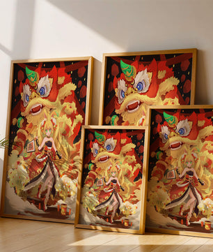 Colorful anime-inspired scene with a lion dance and festive character