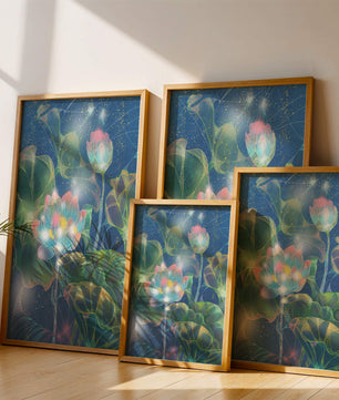 Bunte Lotusblumen mit abstraktem kosmischen Hintergrund